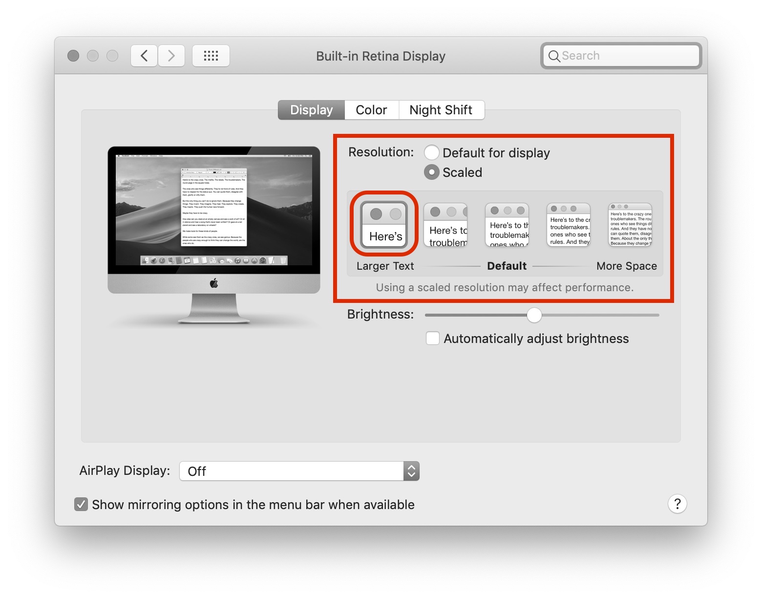 Retina iMac System Preferences for Display
